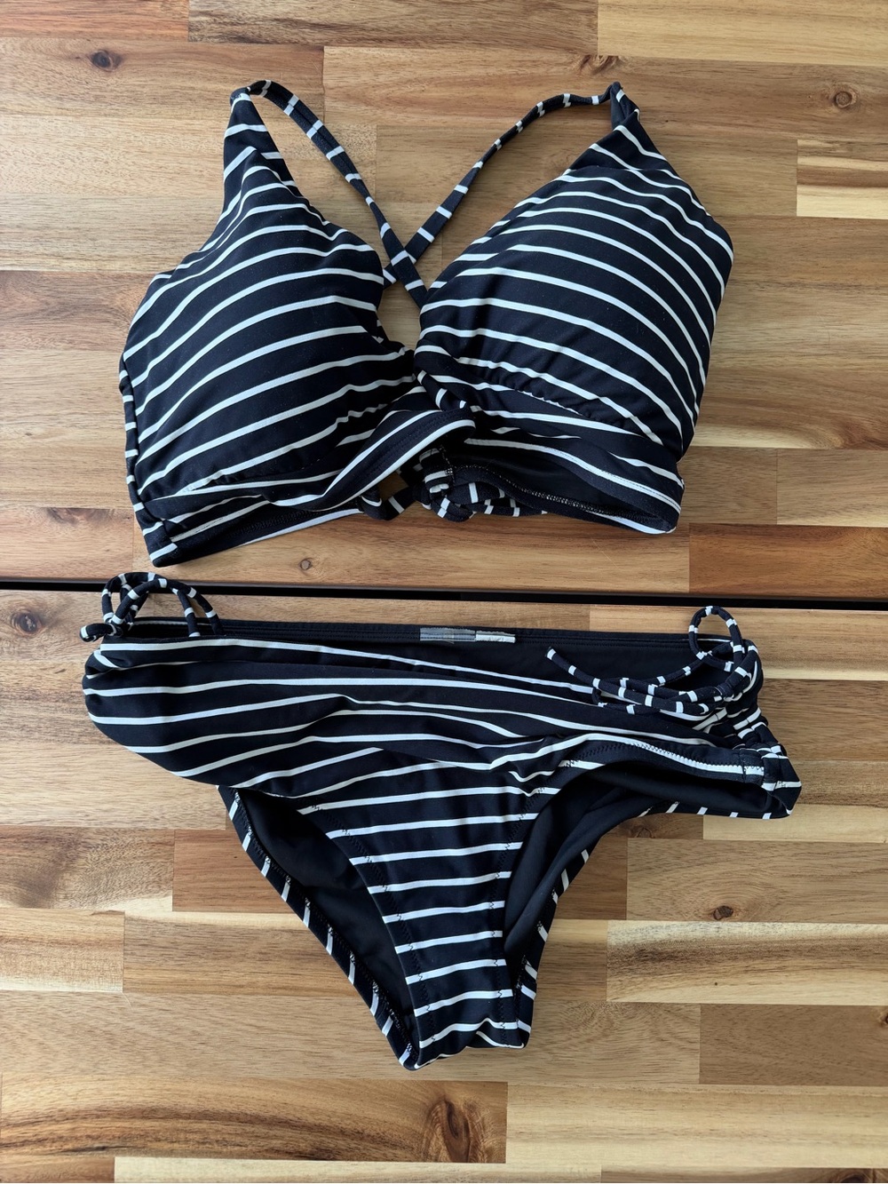CALIA by Carrie Underwood Black & White Striped Bikini Set - L top, M bottoms